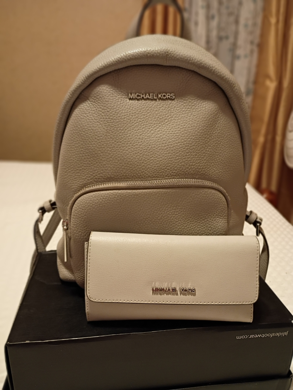 Michael Kors Light Gray Leather Backpack & Wallet Set